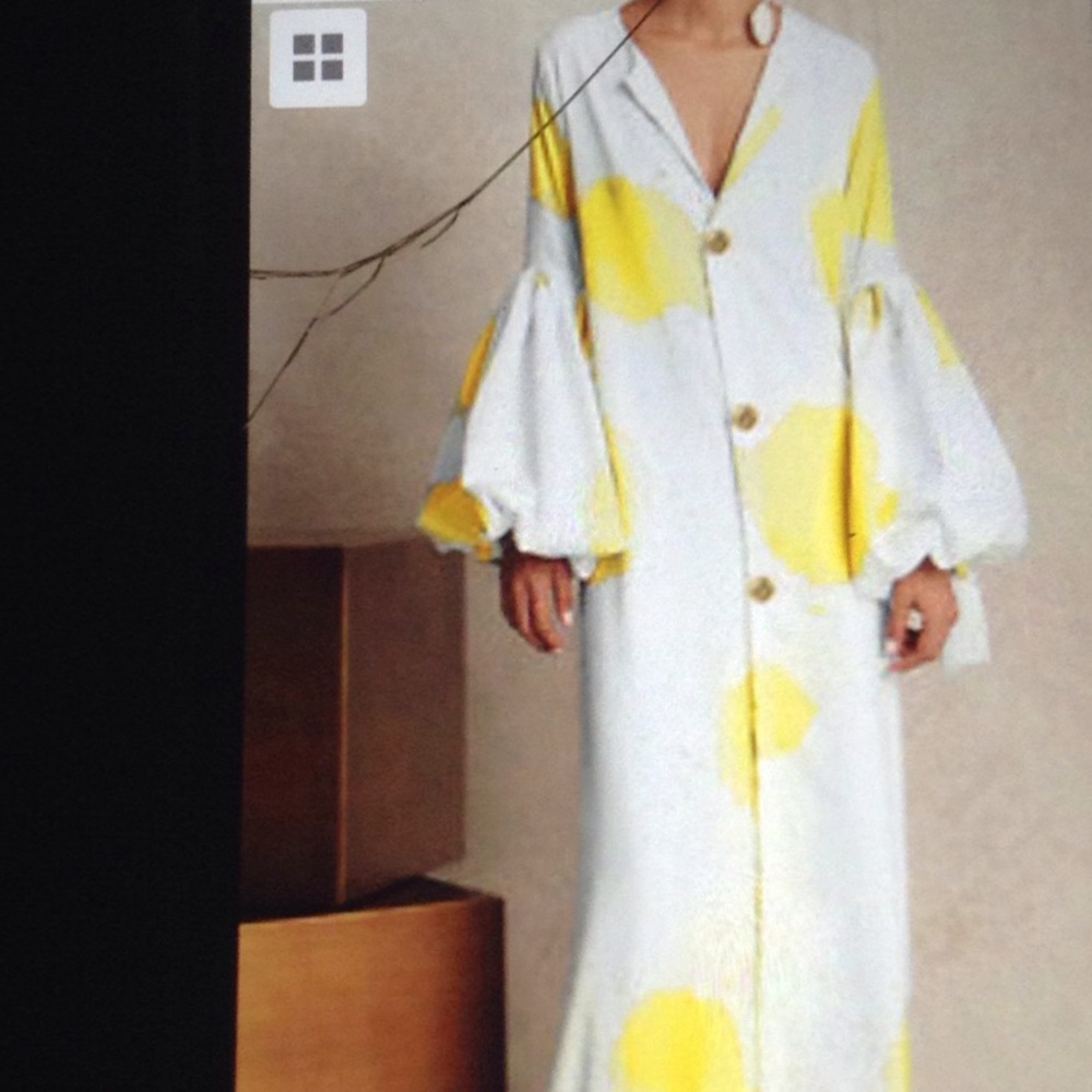 YELLOW PRINT PUFF SLEEVE BUTTON DOWN MAXI DRESS - Picture 1 of 3